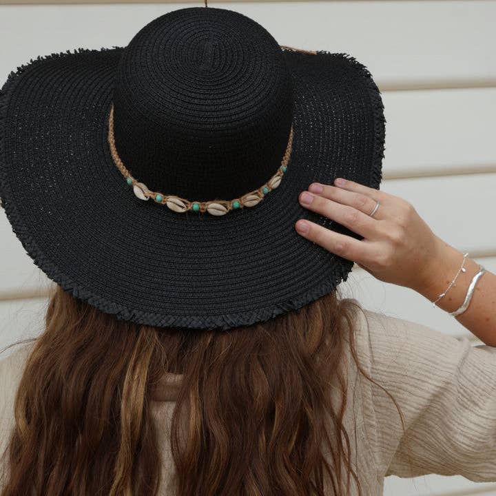 Nakoa The Label - Wholesale Straw Hat - Women's - Floppy Cowrie Shell Sun Hat - Seychelles - Black
