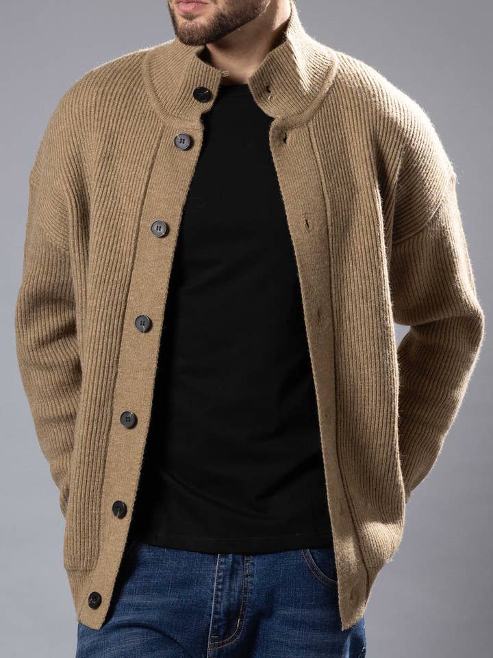 255103 - Green Ribbed Funnel Neck Button-Up Sweater for wholesale by Bespoke Moda