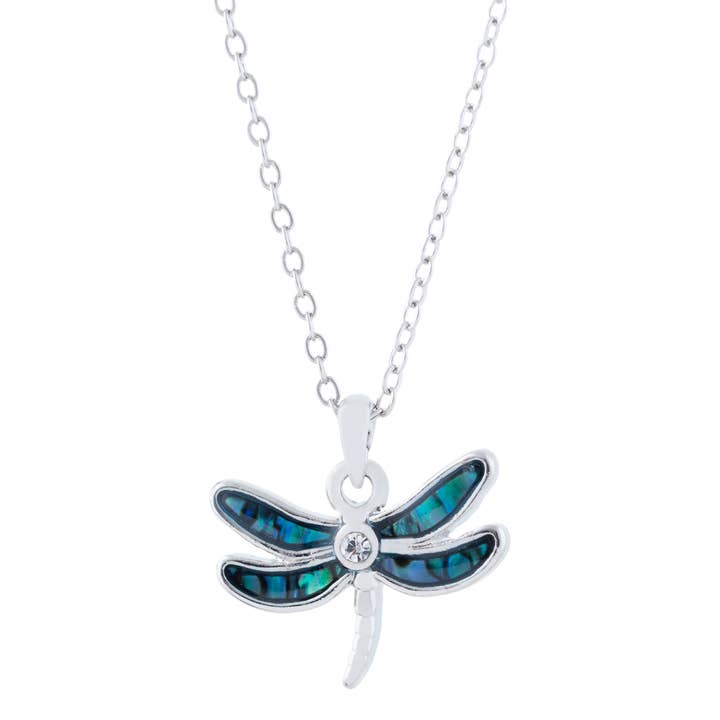 Paua Shell Dragonfly Pendant, Rhodium Plated for wholesale by Byzantium Collection Ltd