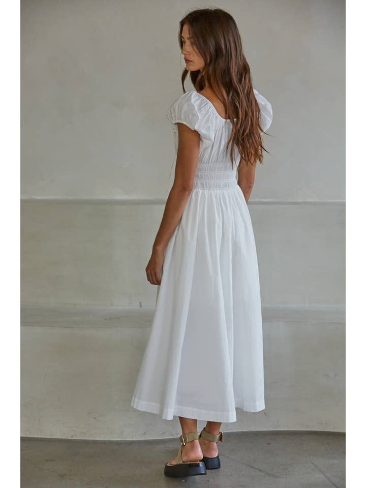 White L9507 | Woven Cotton Cap Sleeve Smocked Waist Midi Dress for wholesale on Faire4