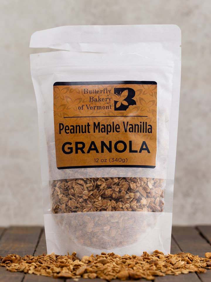 Peanut Maple Vanilla Granola- 12 oz retail bag for wholesale by Butterfly Bakery of Vermont