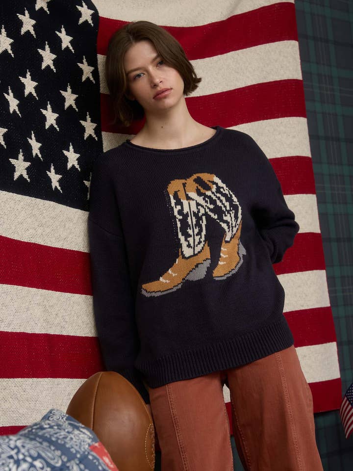 Blu Pepper - Wholesale Knit Sweater - Women's - WESTERN BOOT JACQUARD LONG SLEEVE KNIT SWEATER 1
