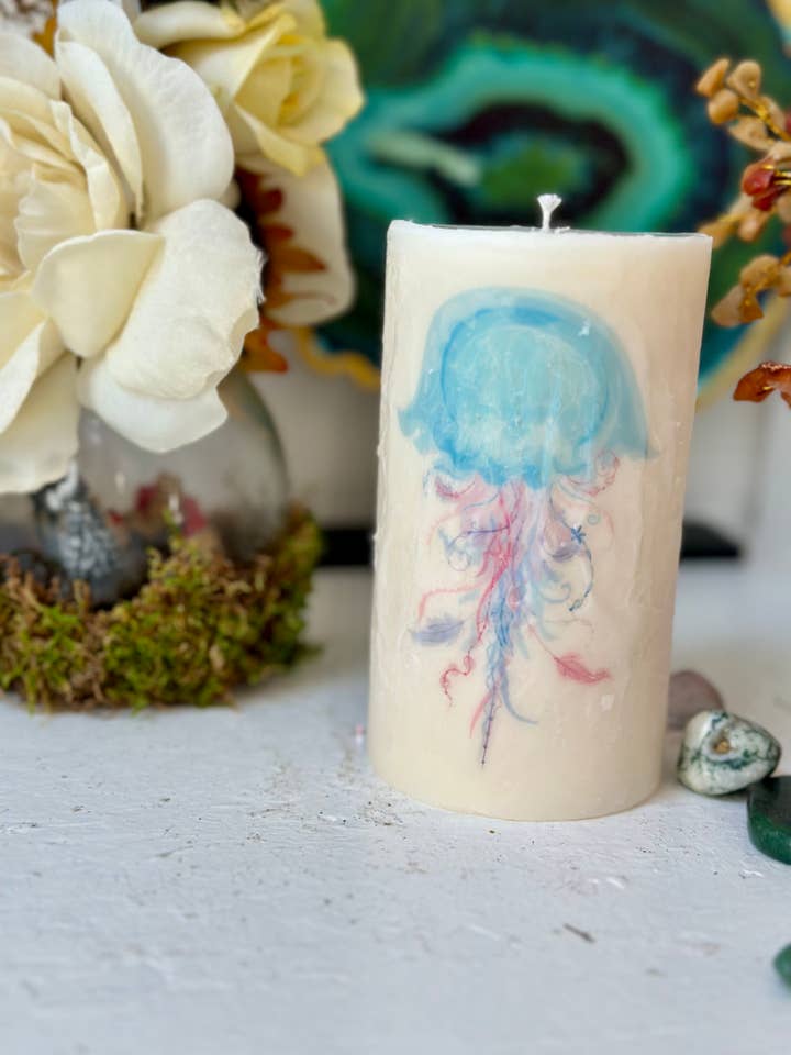 Vela Blue Jellyfish Tall Pillar para venta al por mayor de Peaceful Vibes Essential