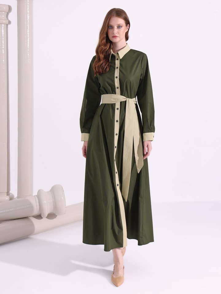 Vestido Maxi Bege com Contraste Verde Caqui Mix por atacado de Store WF