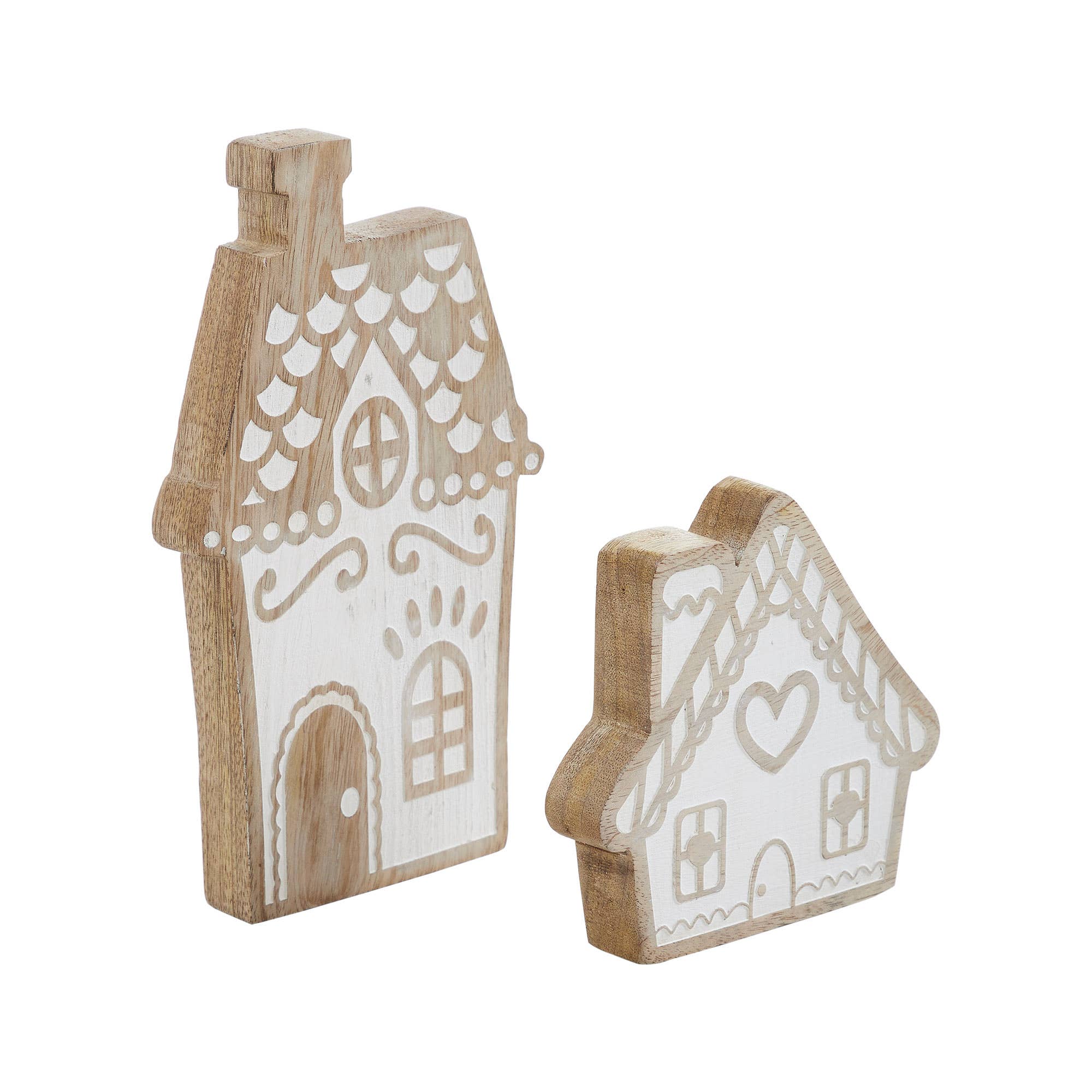 VHC Brands - Wholesale Decorative Tabletop Object - White Washed Gingerbread Drive Natural Wooden Houses Set of 2 - 5x5x1/8x5x11