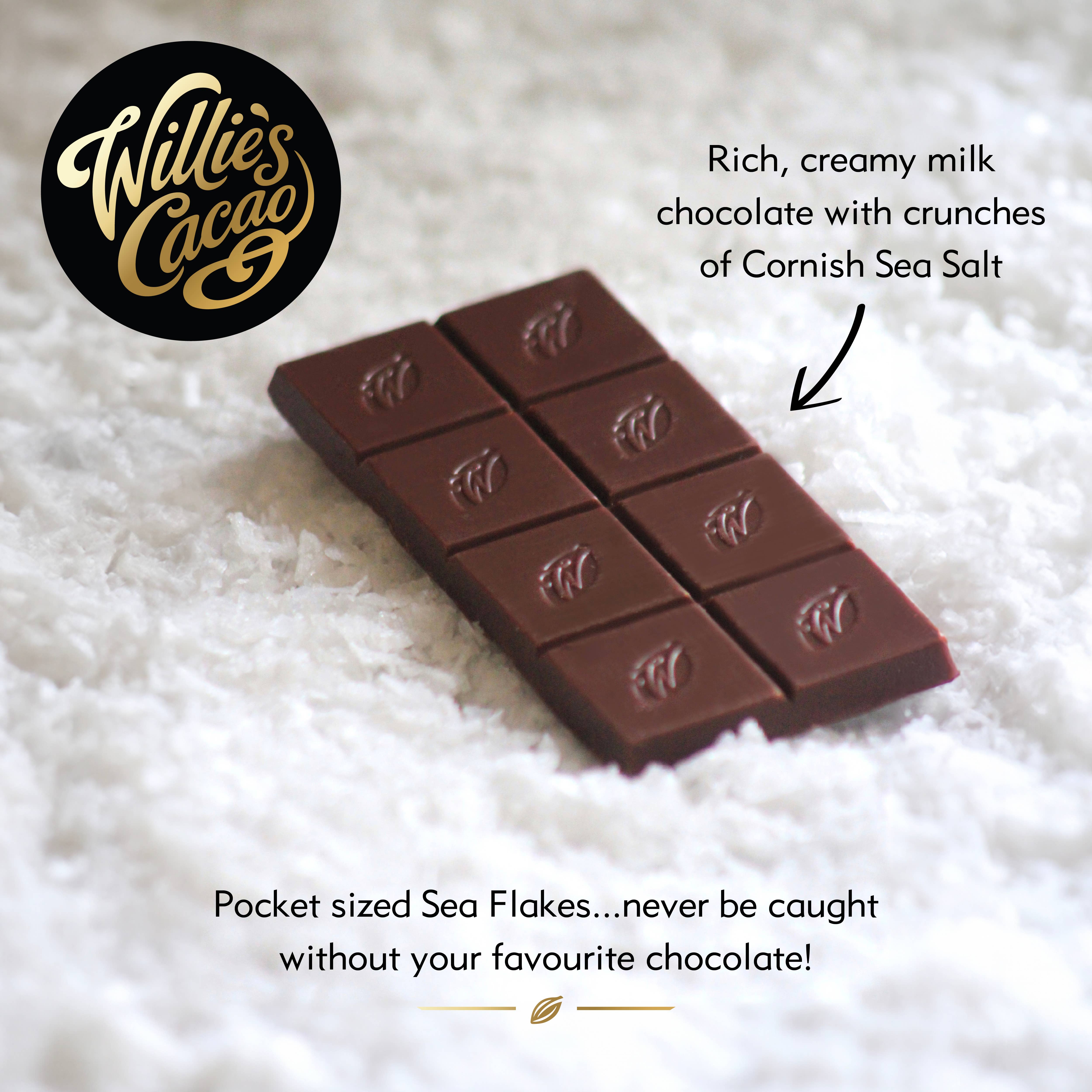 Willie's Cacao - Wholesale Chocolate Bar - Sea Flakes. Milk chocolate with Cornish Sea Salt. 26g bar2