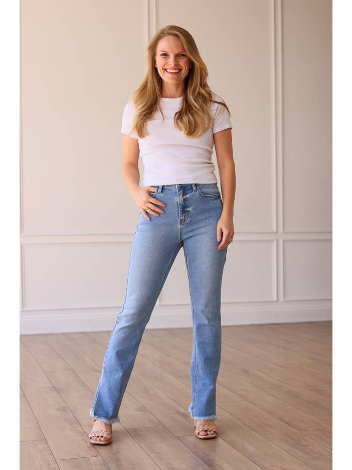 Denim Medium Wash Side Split Hem Jeans for wholesale on Faire