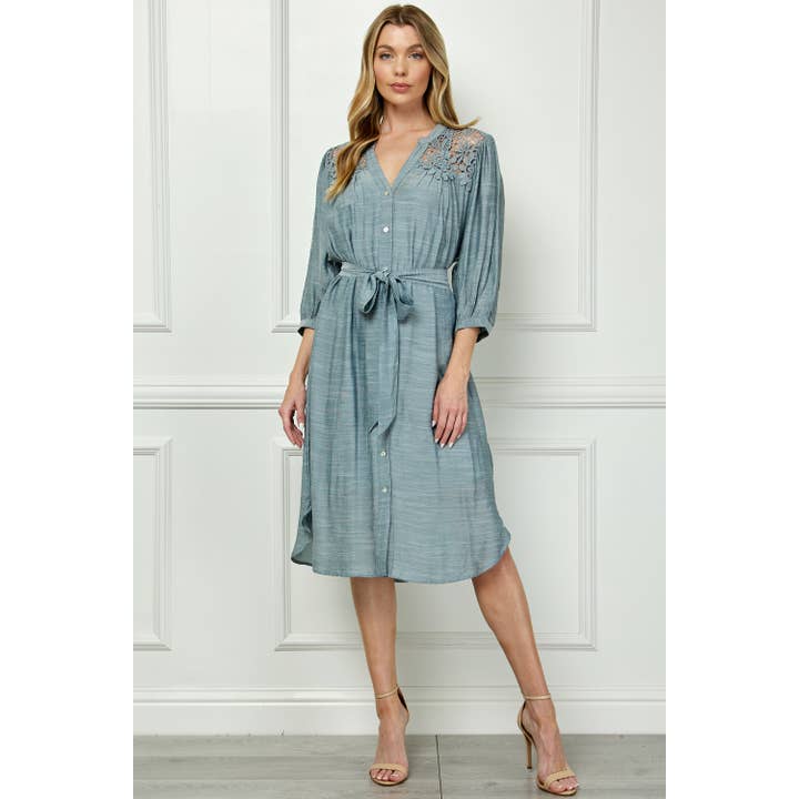 3/4 SLEEVE LACE YOKE AND BUTTONS DOWN FRONT DRESS NAR114 for wholesale by Winslow Collection