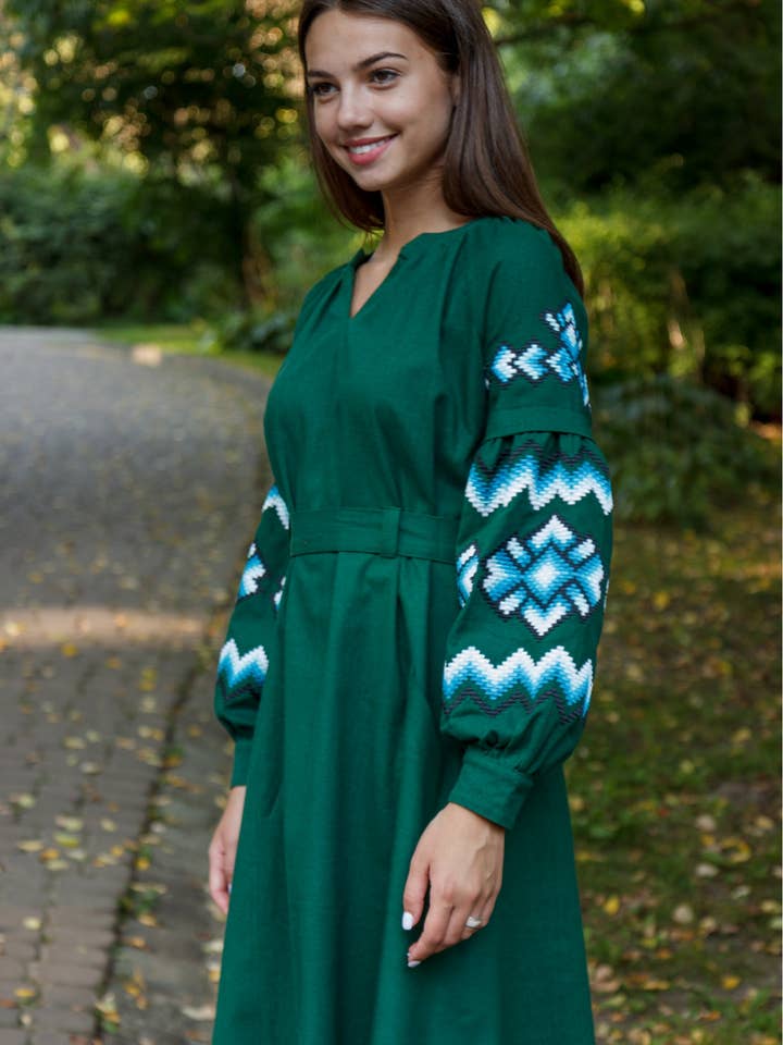 Christina Dark Green With Blue Embroidered Dress for wholesale by Galychanka