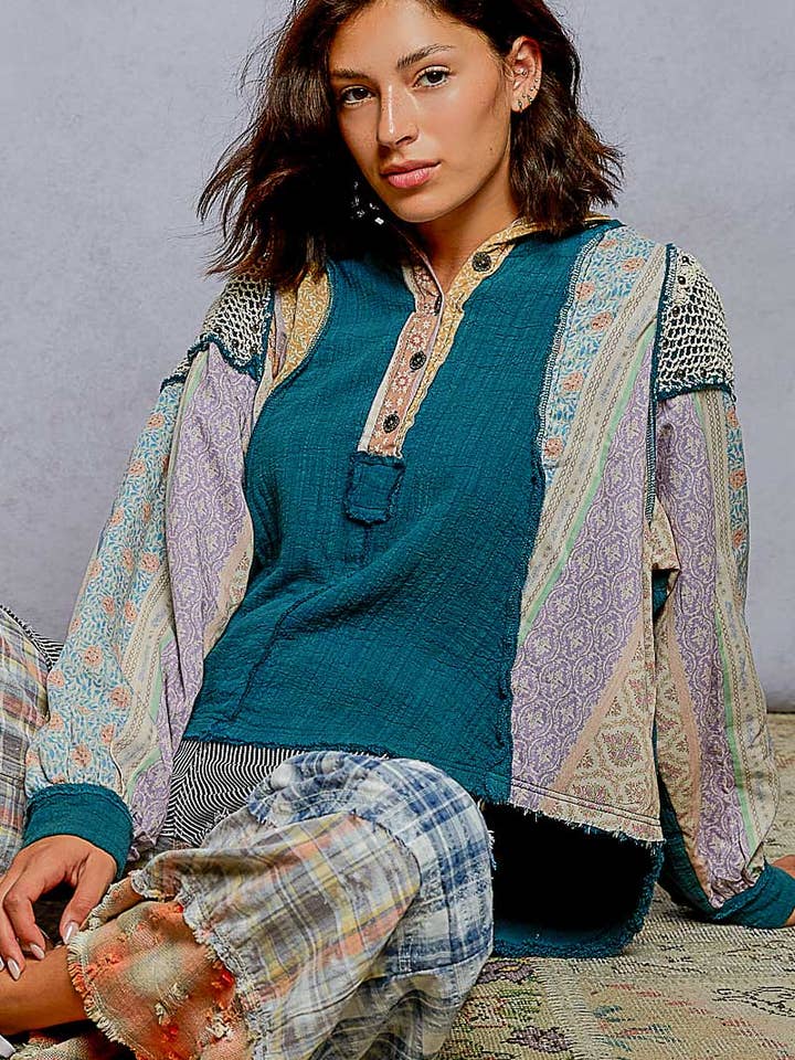 Long Sleeve Mock Neck Double Gauze Contrast Stud Hoodie Top for wholesale by Pol Clothing