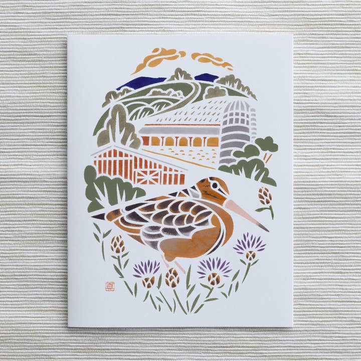 A2 Card: American Woodcock in Roeliff Jansen Park for wholesale by Mayuko Fujino Bird & Nature Art