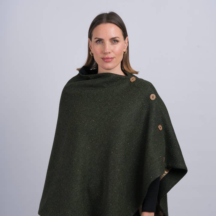 Women's Green Herringbone Classic Tweed Cape for wholesale by Celtic Tweed