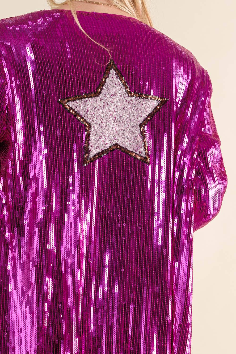 HOT PINK 32736J - Sequin Fringe Star Back Open Cardigan for wholesale on Faire6
