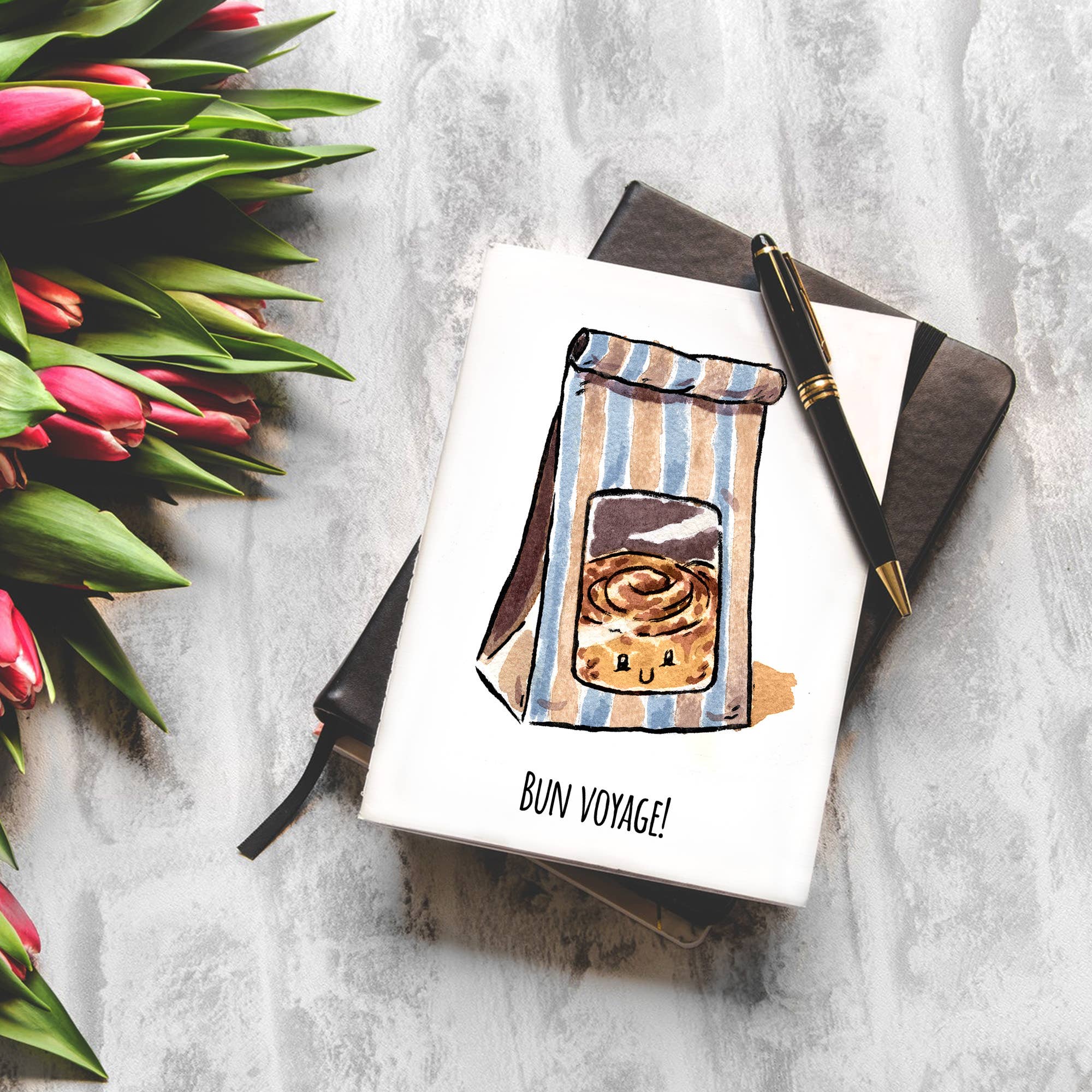 Aaron Millard Illustration – Engroshandel Hverdagshilsen kort – „Bun Voyage“ - Miss You, Bevæger sig, Pensionering, Nyt jobkort4