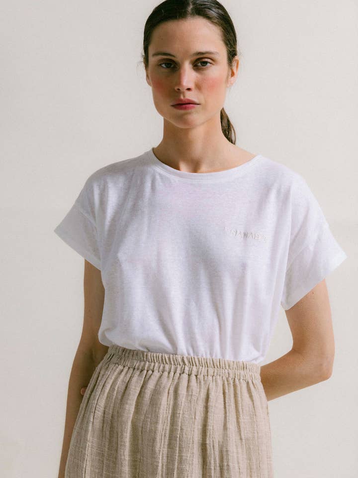 White t-shirt embroidered TRIANABYC for wholesale by Triana by C