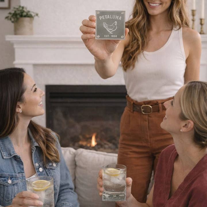 Petaluma Chicken Engraved Glass Coaster Set of 4 for wholesale by Luma Vintage