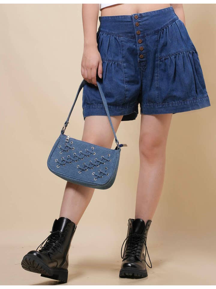 Sweetkama - Wholesale Shorts - Women's - Ladies Pumpkin Shape Elastic Waist Denim Shorts SKS408