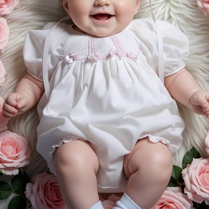 White mocked Short Raglan Sleeve Bubble with Beautiful Pink Ribbon Bows and Bonnet for wholesale by Hello Bebes!