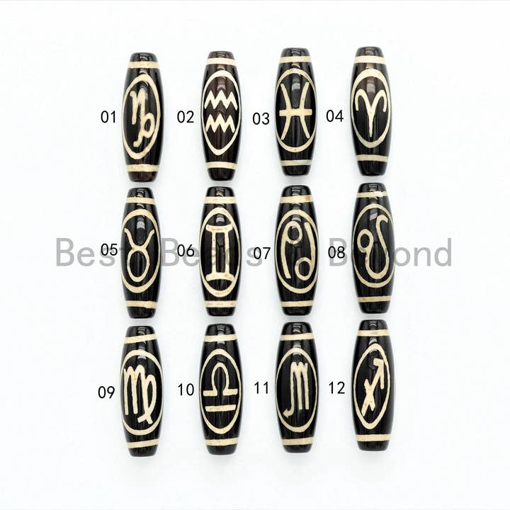 BestBeads&Beyond - Wholesale Beads - Zodiac Barrel Agate Beads, Zodiac Jewelry, Astrology Jewelry, Zodiac Sign Black Onyx Beads, Birthday gift,10x30mm,sku#U381