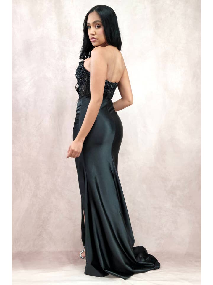 Chicas - Vente Robe de soirée – femme - Robe bustier en satin avec corset à perles et sequins C83130