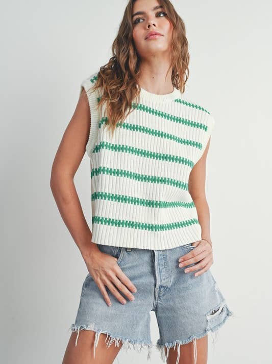 Crew Neck Striped Knit Tank Top - BMW7324 for wholesale by BUTTERMELON
