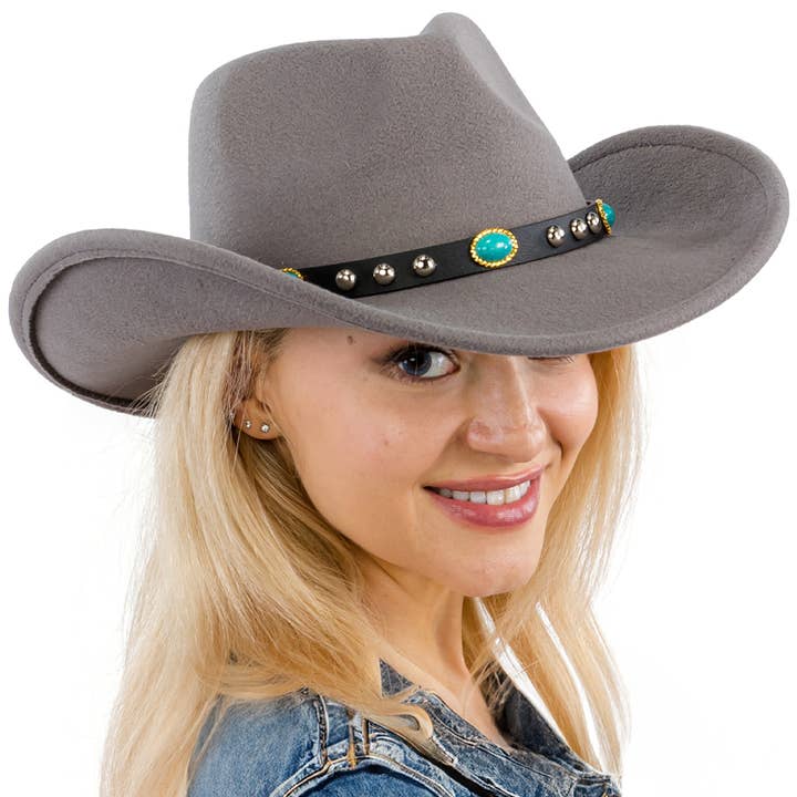 Cap Zone - Vente Chapeau de cowboy – femme - Chapeau cowboy en feutre avec ceinture cloutée turquoise1
