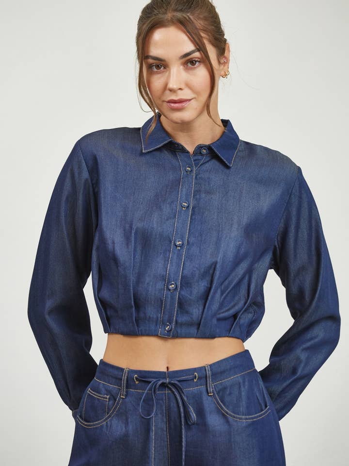 Chambray Button Down Pleated Crop Shirt for wholesale by Edit by Nine