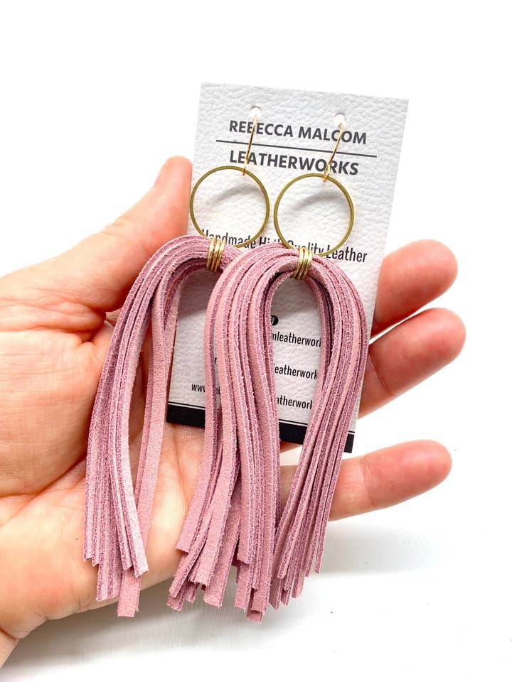Blush Pink Suede Leather Tassel Boho Earrings for wholesale by Rebecca Malcom LeatherWorks