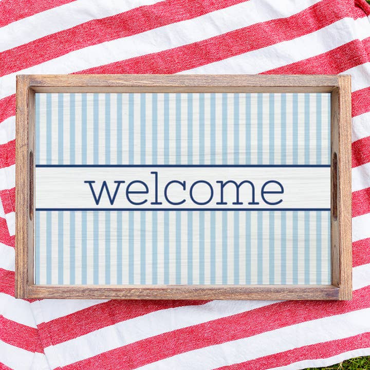 Personalized Light Blue Stripes Wooden Serving Tray for wholesale by Rustic Marlin