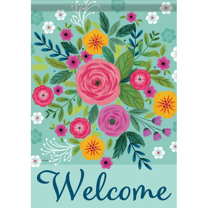 "Bright Flower Welcome" Dura Soft™ Garden Flag for wholesale by FlagTrends by Carson