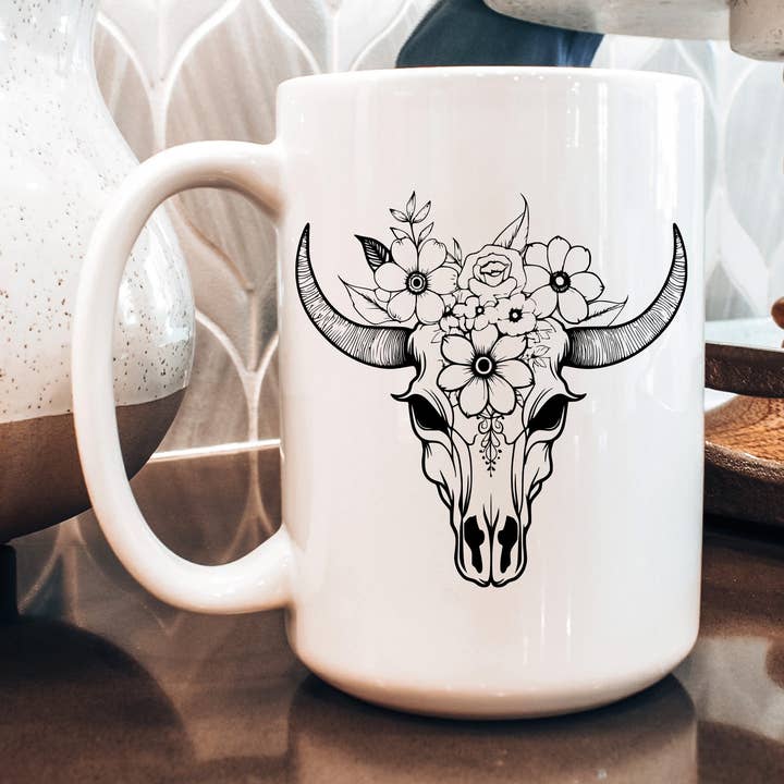Floral Cow Skull | 15oz Ceramic Coffee Mug for wholesale by Oakbury Designs