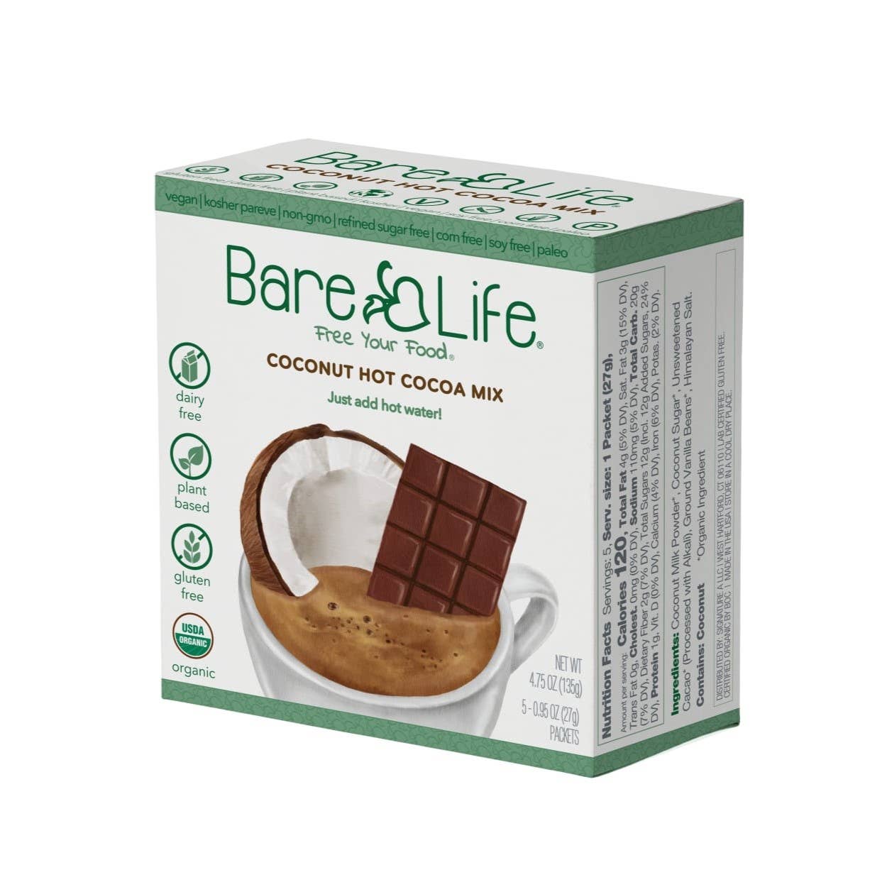 Bare Life - Wholesale Hot Cocoa Mix/Kit - Dairy Free & Vegan Coconut Hot Cocoa Mix - 0.95 Oz (5 Ct.)0
