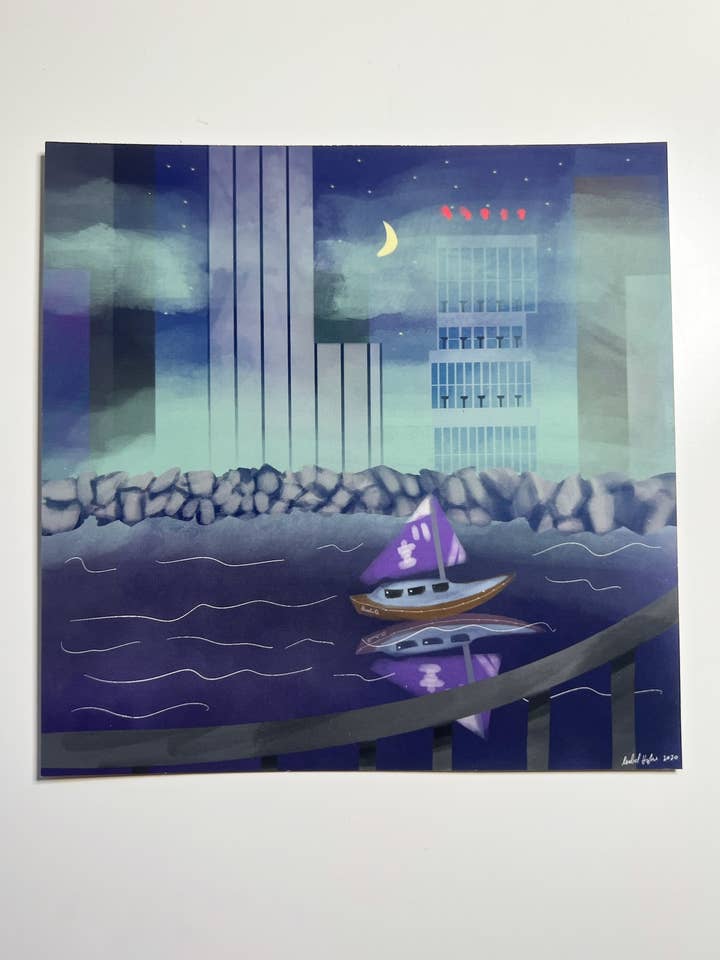 En nattseglingstryck - Segelbåtsillustration för wholesale av Studio Junco