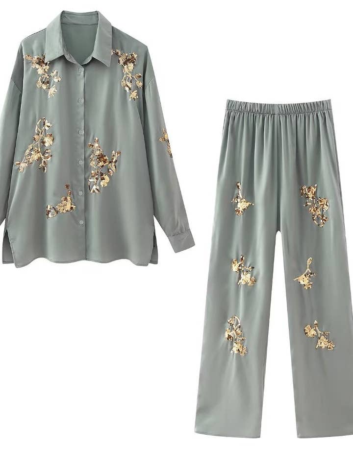 Sequin Embroidered Casual Shirt Pants Set DP25E622 for wholesale by Dipped Shop