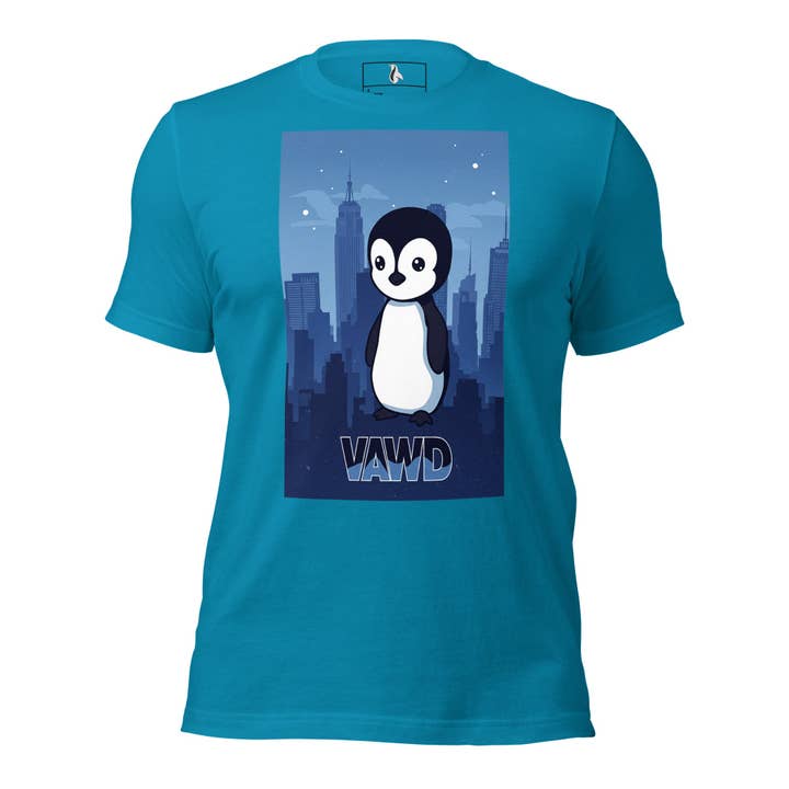 VAWDesigns Cute Penguin T-Shirt – Fun Cartoon Animal Graphic Tee for Men & Women, City Skyline Art Shirt, Casual Streetwear for wholesale by VAWDesigns