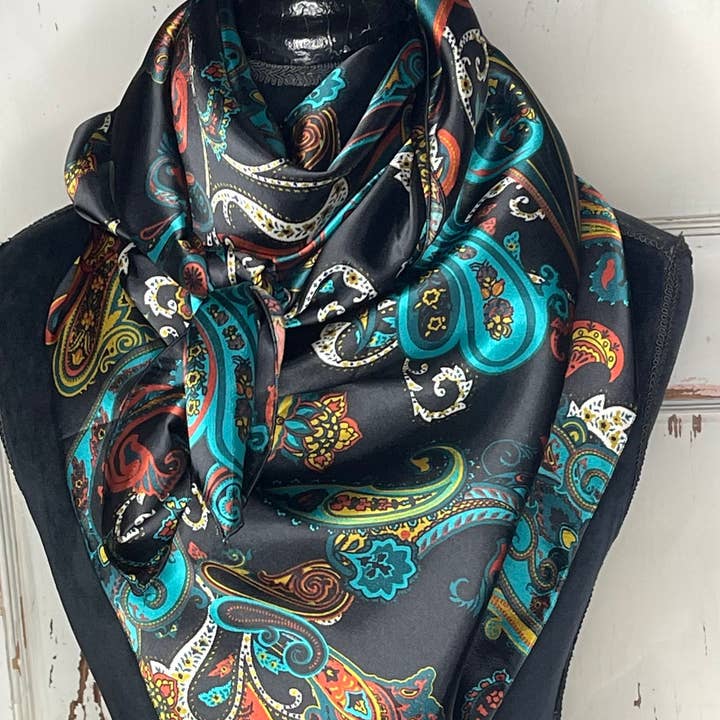 Rainyday Homemade - Wholesale Scarf - Women's - Paisley Wild Rag, Charmeuse Satin, Teal Paisley, Extra Large Wild Rag, Ranch Life, Cowboy Life, Cowgirl Life