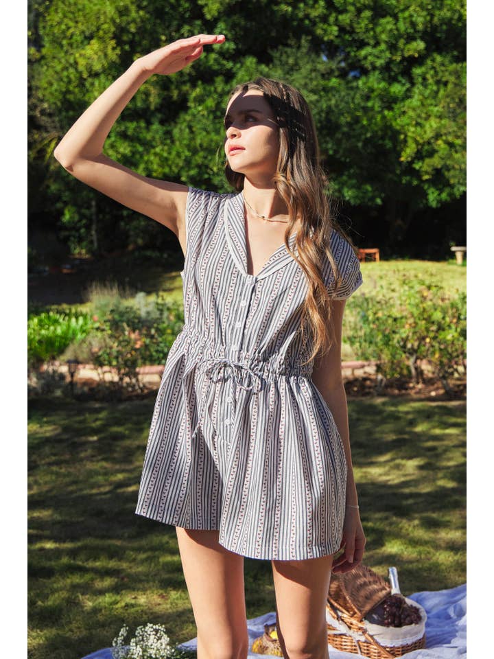 NIGHT BLUE ELASTIC BANDED WAIST ROMPER for wholesale on Faire5