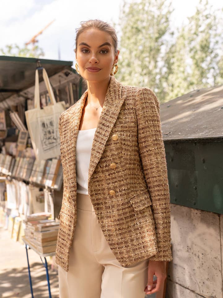 Attentif Paris – wholesale Blazer – Women's – Checked tweed double-breasted fitted blazer jacket