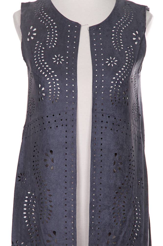 Hana - Venta al por mayor Chaleco de abrigo - Mujer - Chaleco de gamuza cortado con láser con estampado de hojas geométricas20