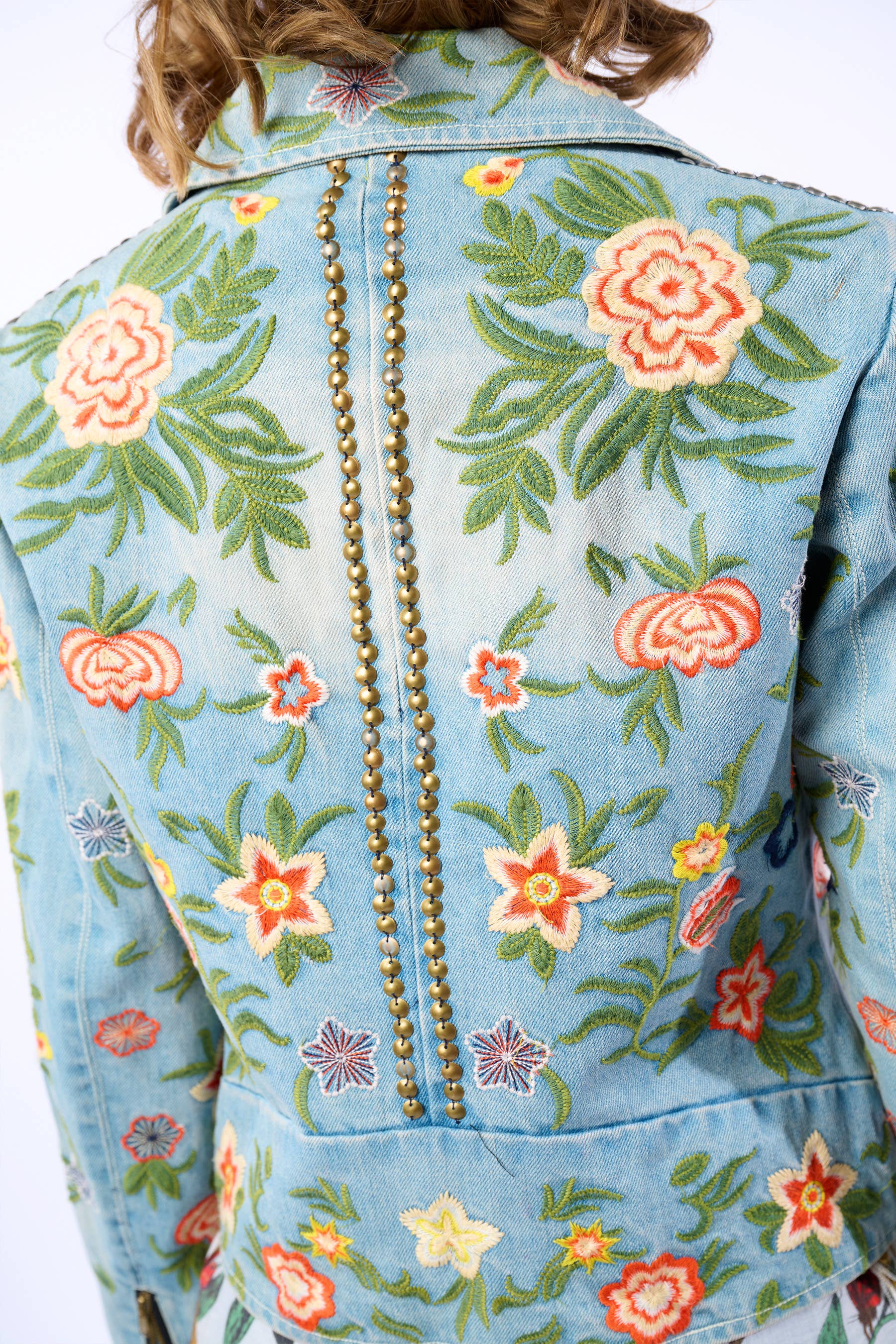 Lucinda Embroidered Denim Motorcycle Jacket for wholesale on Faire18