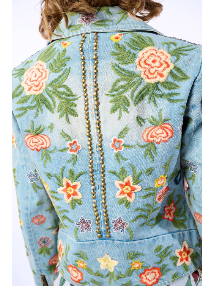 Lucinda Embroidered Denim Motorcycle Jacket for wholesale on Faire18