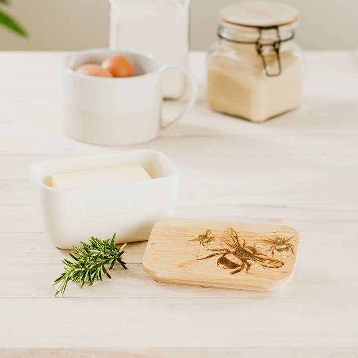 Selbrae House Ltd - Wholesale Butter Dish - Bee Oak and Ceramic Butter Dish - White