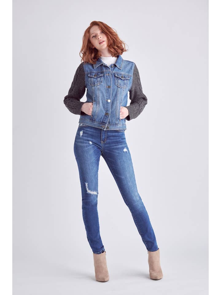 Nature Denim - Wholesale Denim Jacket - Women's - Chic Denim Jacket with Sweater Sleeves - Women's NT1212MG