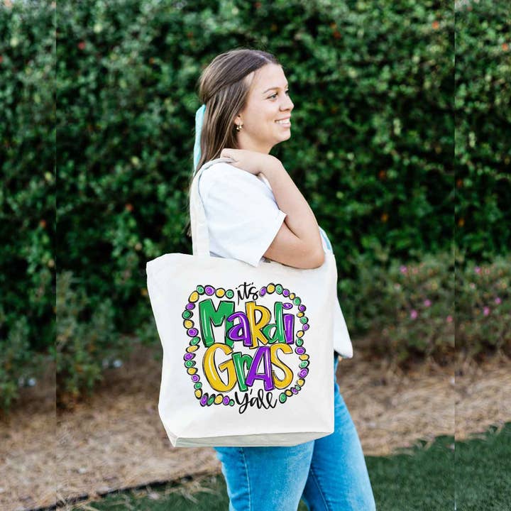 Clairmont & Co - Wholesale Tote Bag - Women's - Mardi Gras Tote Bag, It's Mardi Gras Ya'll Canvas Tote Bag