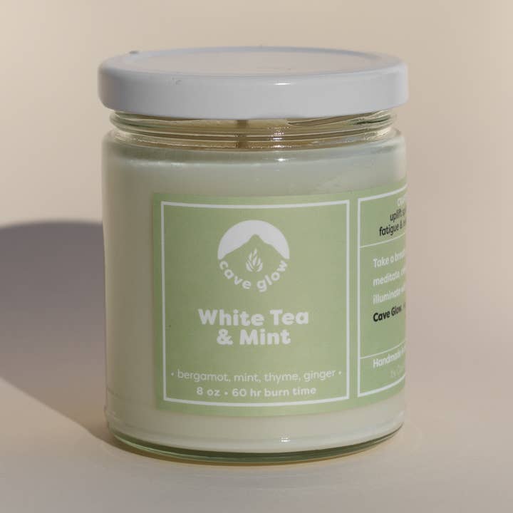 White Tea & Mint 8oz Soy Wax Scented Jar Candle for wholesale by Cave Glow Studio