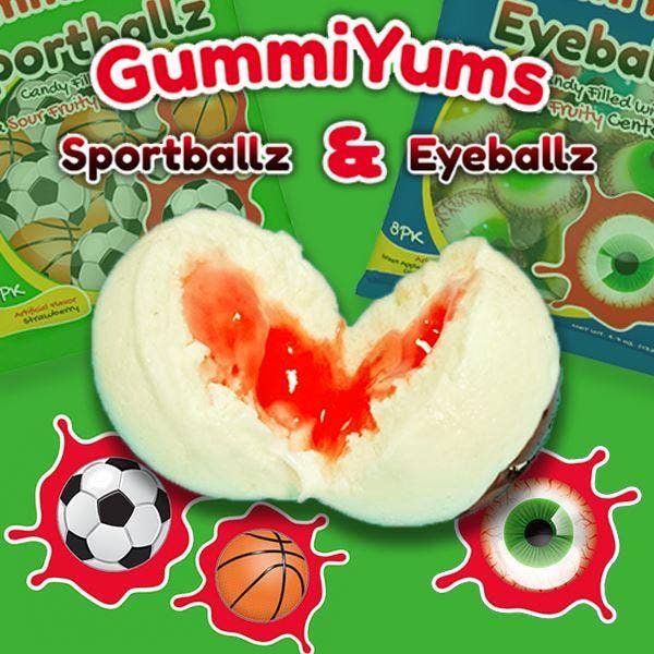 GummiYums! EyeBallz & SportBallz (8pc) | Marshmallow Candy W/ Sour Fruity Centre for wholesale by Showcase