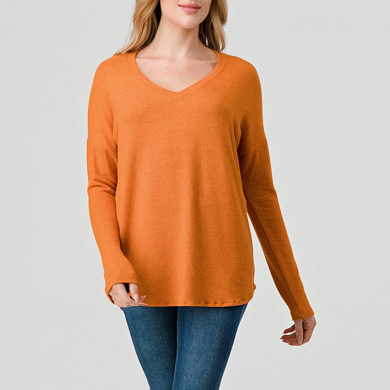 Heimious - Wholesale Knit Top - Women's - Long Sleeve V-neck Brushed Knit Top, 273852