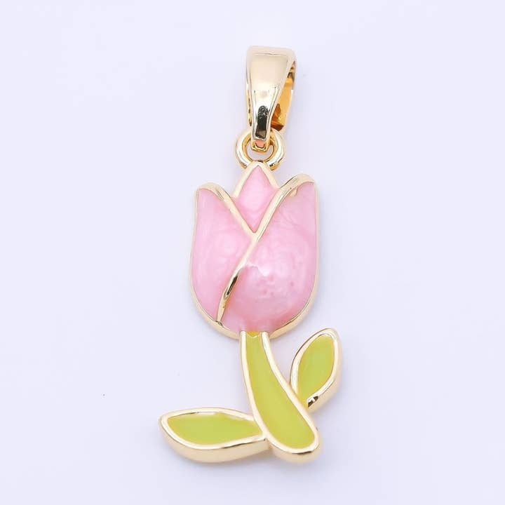 24K Goud Gevuld 19mm Pastel Emaille Romantische Roze Tulp Bloem Hanger Nederland Geïnspireerd | AA1642 voor wholesale door Aim Eternal