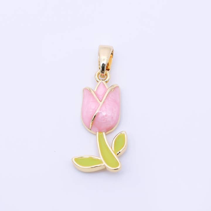 Pendentif Fleur Tulipe Romantique Rose Pastel Émaillé 19mm en Or Rempli 24K Inspiré des Pays-Bas | AA1642 pour la vente par Aim Eternal