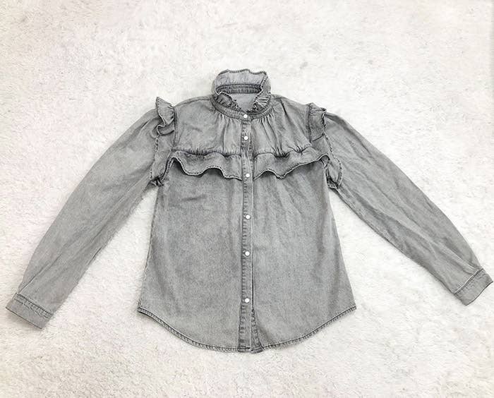 Grey TOPW610 Ruffle Button Closure Denim Blouse Top Women for wholesale on Faire6
